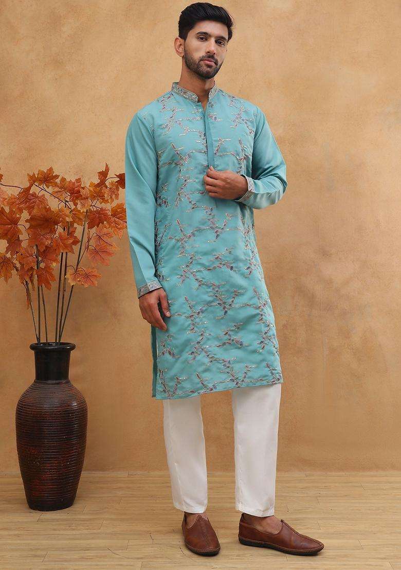 Sky Blue Abstract Print Silk Blend Kurta Pyjama Set For Men - Indya