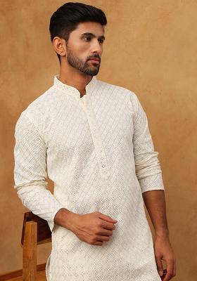 White Geometric Cotton Kurta Pyjama Set For Men