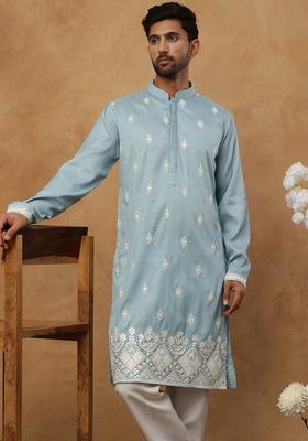 Blue Floral Print Silk Kurta Pyjama Set For Men