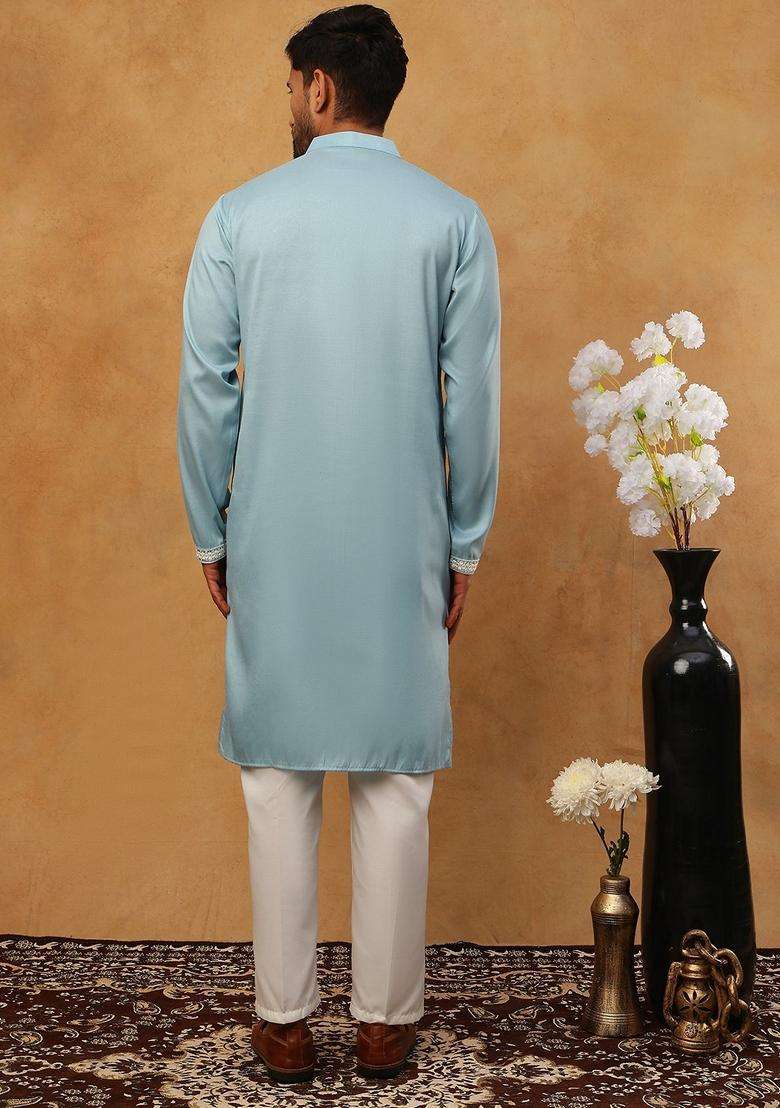 Blue Floral Print Silk Blend Kurta Pyjama Set For Men - Indya