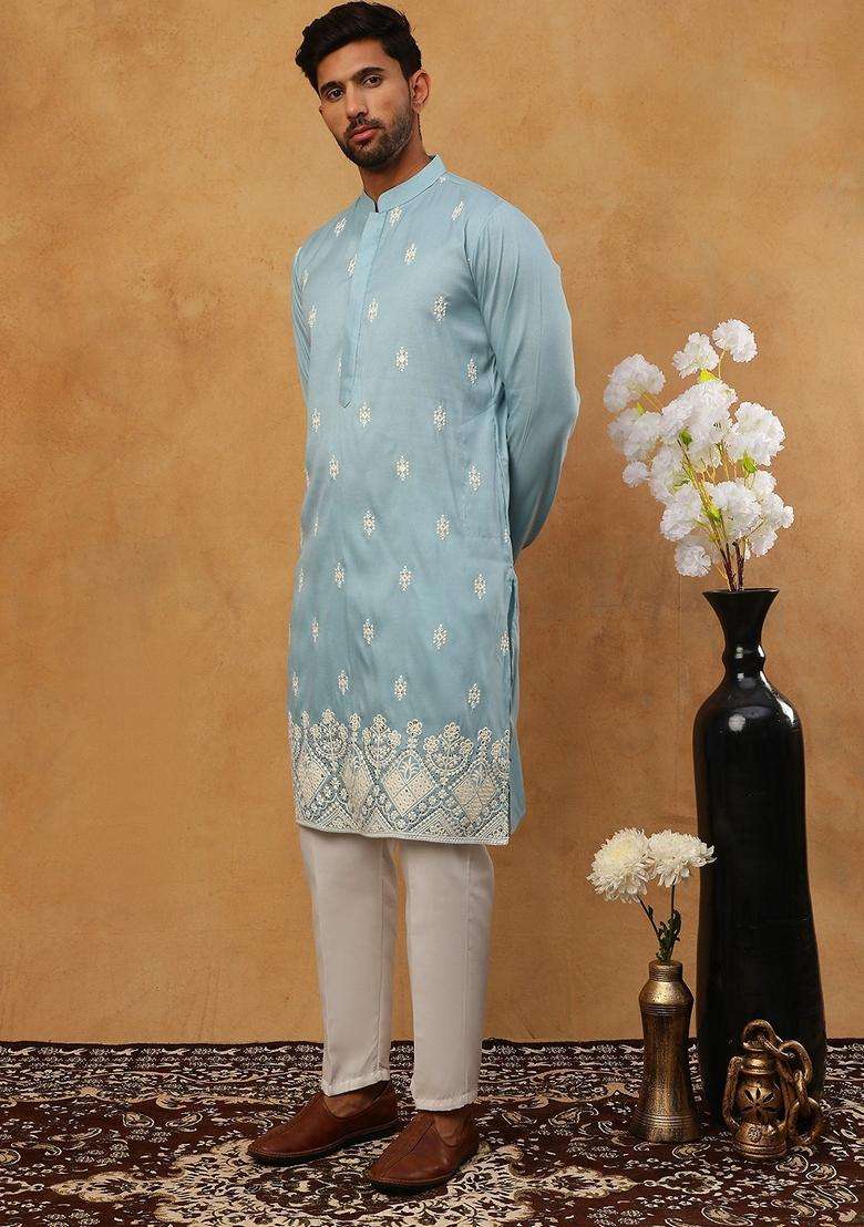 Blue Floral Print Silk Blend Kurta Pyjama Set For Men - Indya