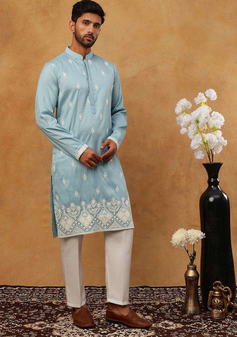 Blue Floral Print Silk Blend Kurta Pyjama Set For Men - Indya