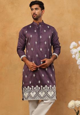 Purple Floral Print Silk Kurta Pyjama Set For Men