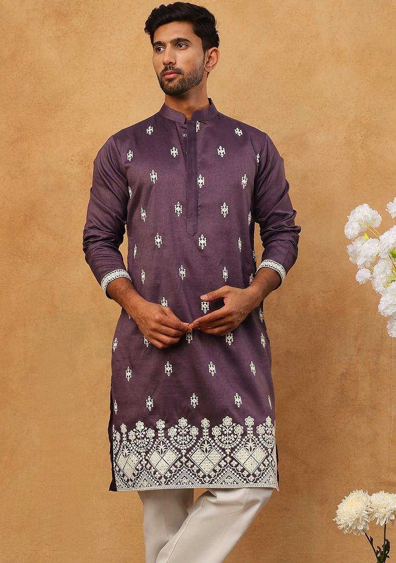 Purple Floral Print Silk Blend Kurta Pyjama Set For Men - Indya