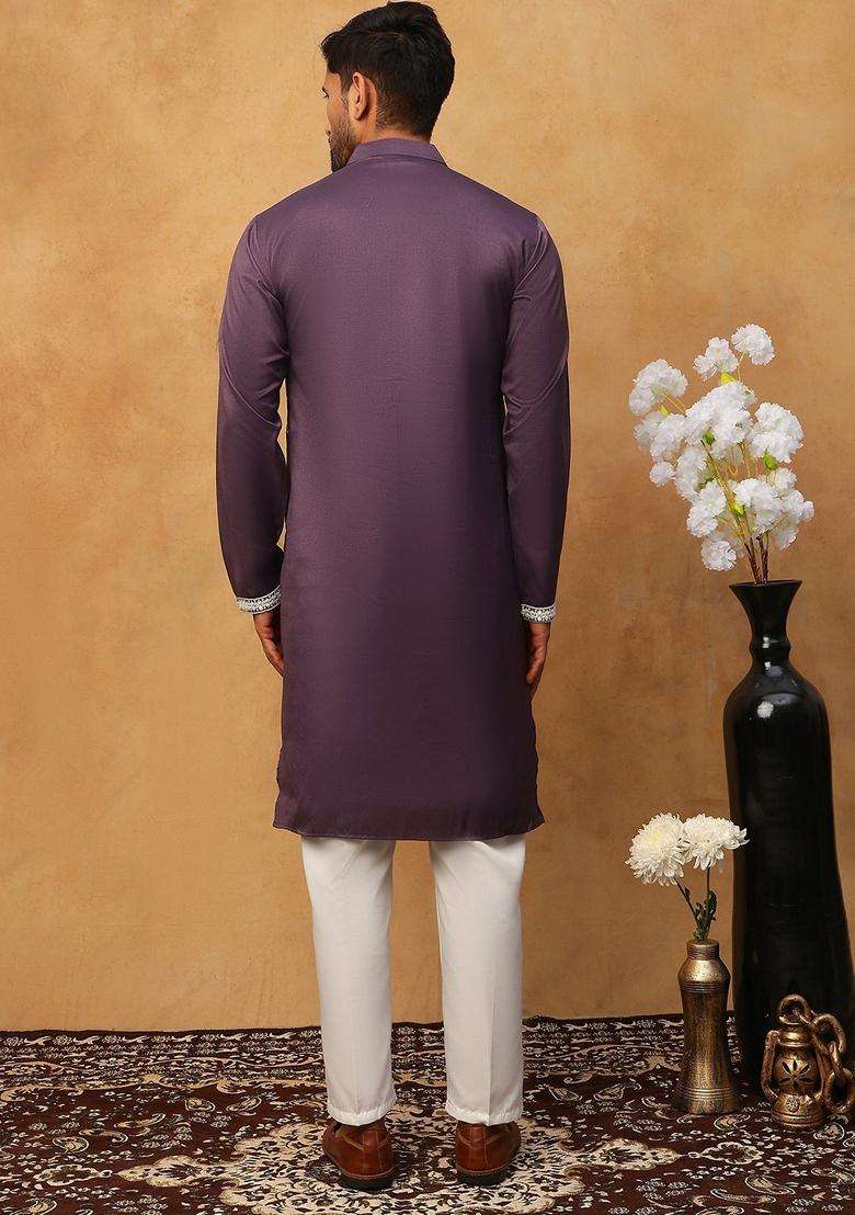 Purple Floral Print Silk Blend Kurta Pyjama Set For Men - Indya