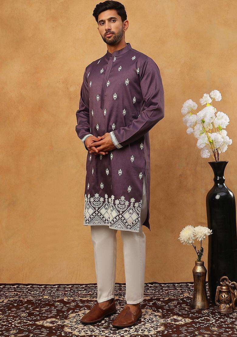 Purple Floral Print Silk Blend Kurta Pyjama Set For Men - Indya