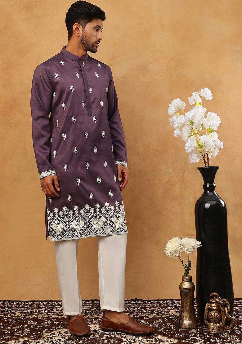 Purple Floral Print Silk Blend Kurta Pyjama Set For Men - Indya