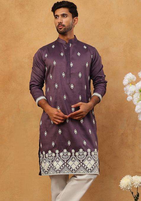 Purple Floral Print Silk Blend Kurta Pyjama Set For Men