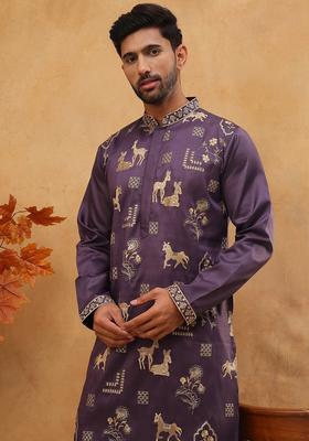Purple Animal Print Silk Kurta Pyjama Set For Men