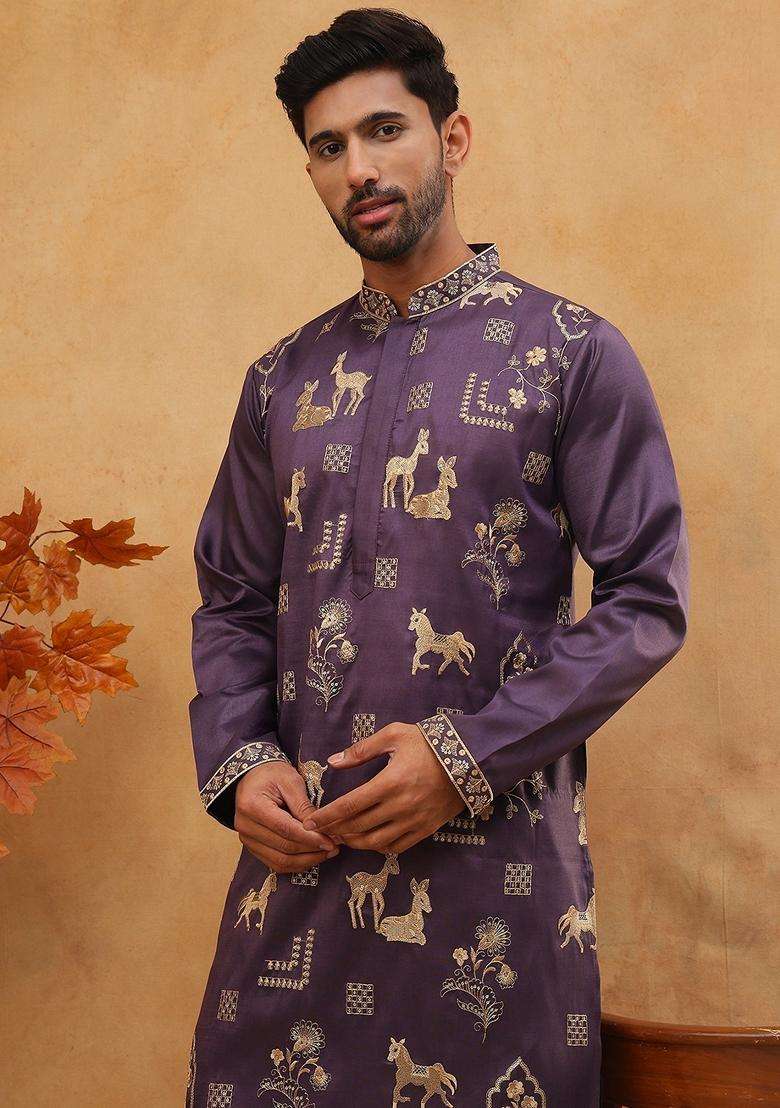 Purple Animal Print Silk Blend Kurta Pyjama Set For Men - Indya