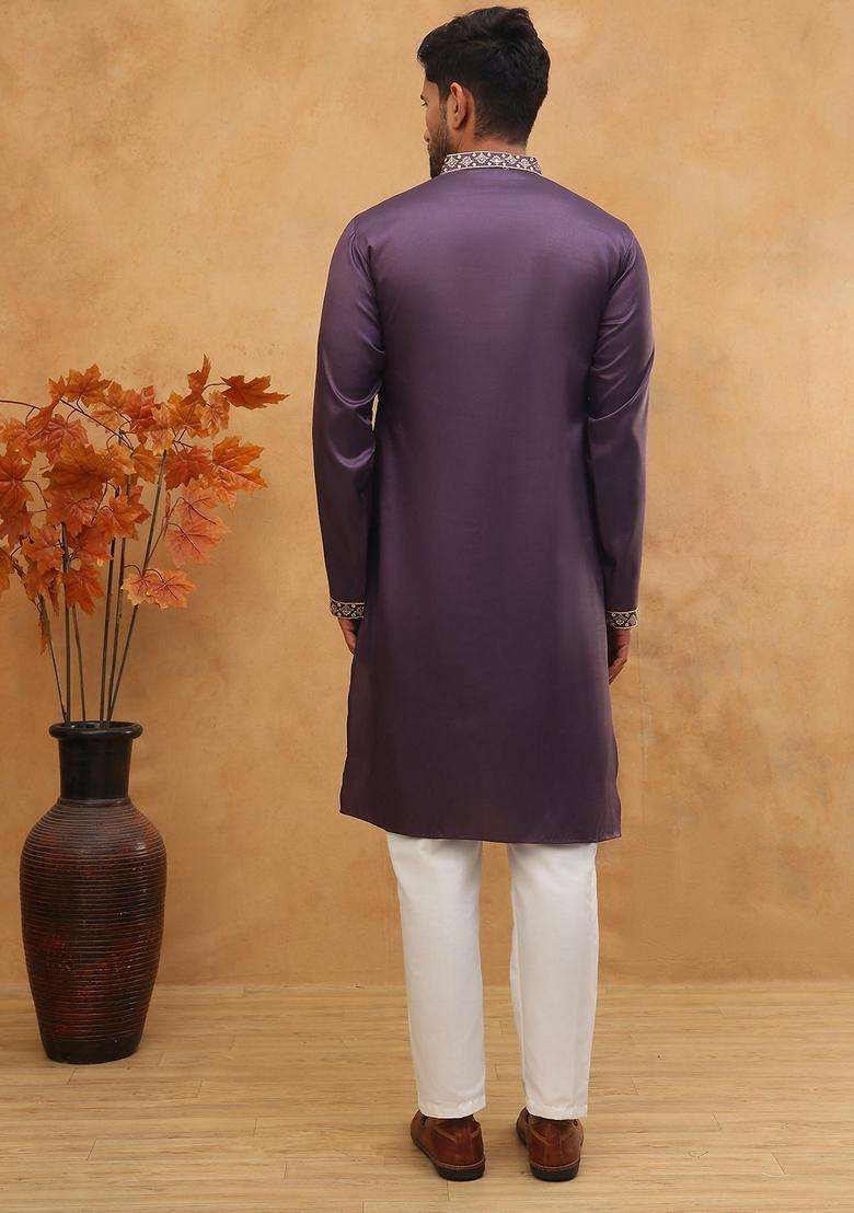 Purple Animal Print Silk Blend Kurta Pyjama Set For Men - Indya