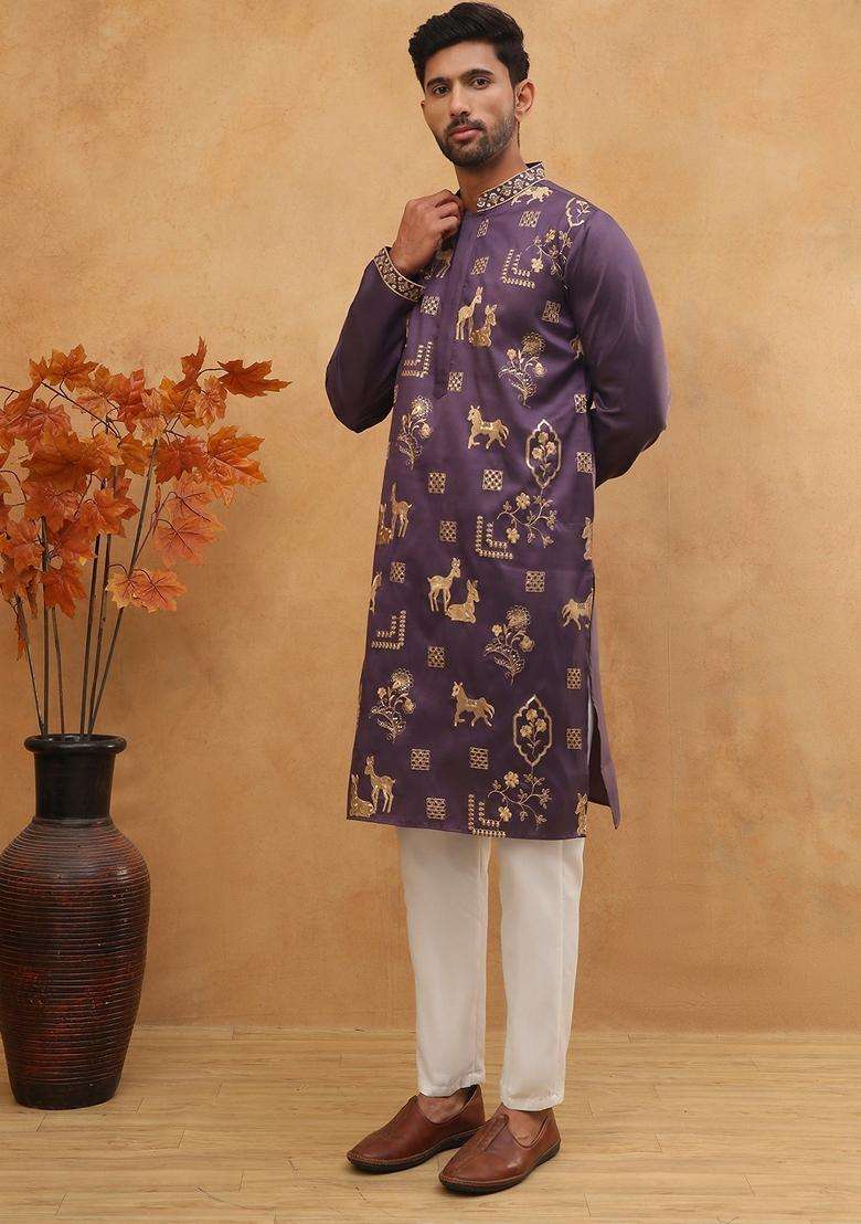 Purple Animal Print Silk Blend Kurta Pyjama Set For Men - Indya
