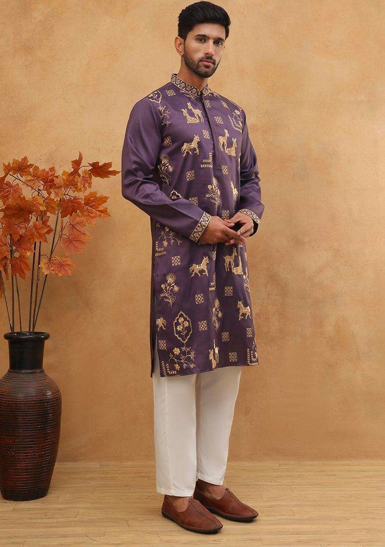 Purple Animal Print Silk Blend Kurta Pyjama Set For Men - Indya