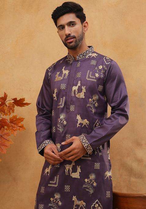 Purple Animal Print Silk Blend Kurta Pyjama Set For Men
