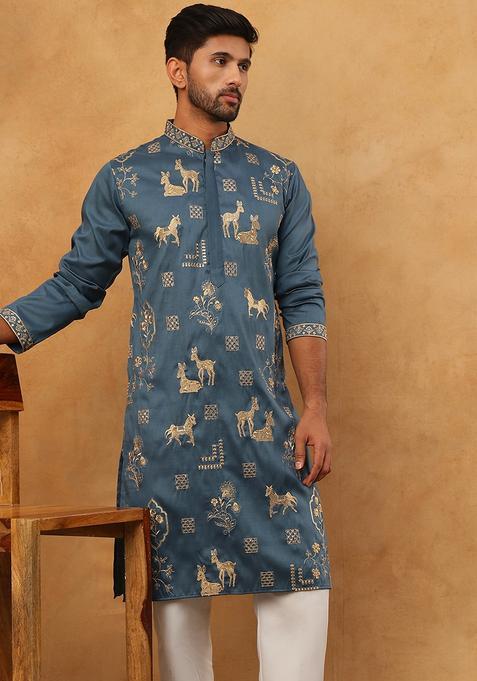 Teal Animal Print Silk Kurta Pyjama Set For Men