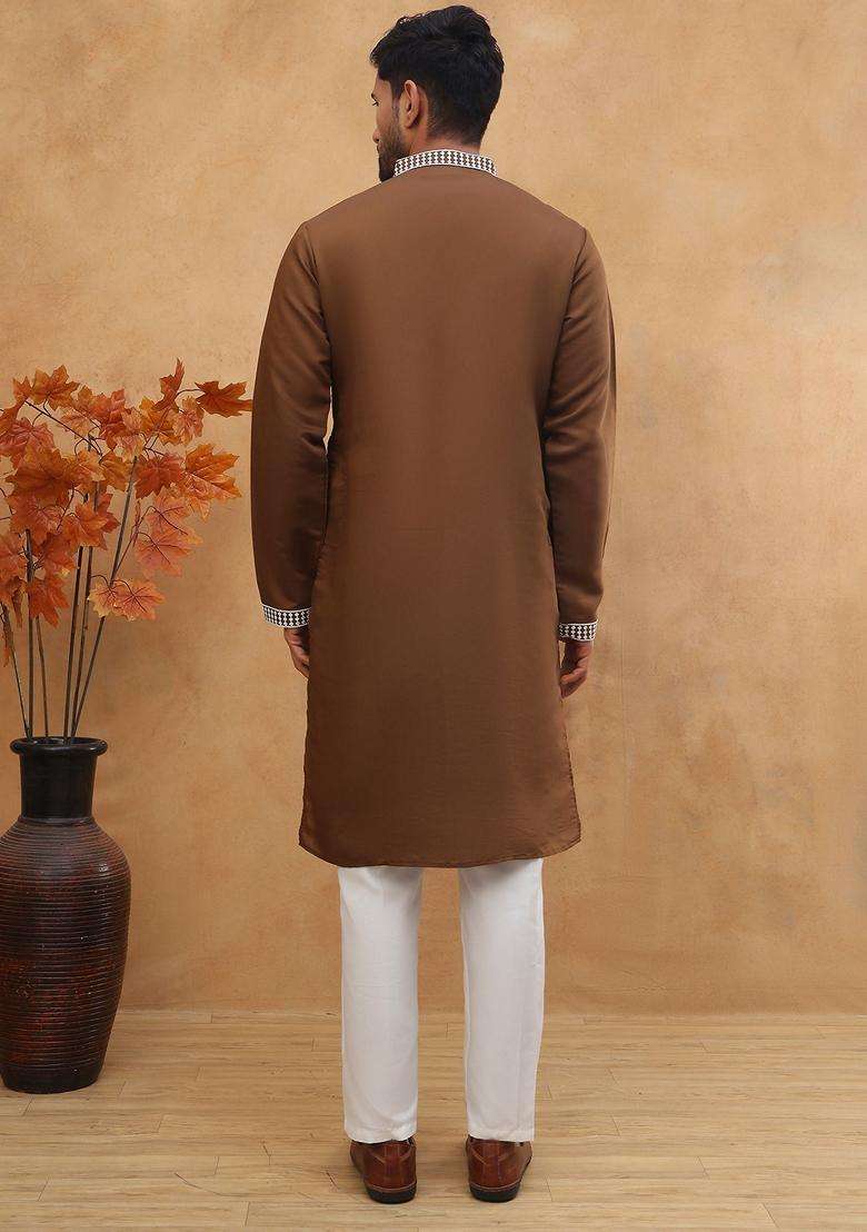 Brown Floral Print Silk Blend Kurta Pyjama Set For Men - Indya
