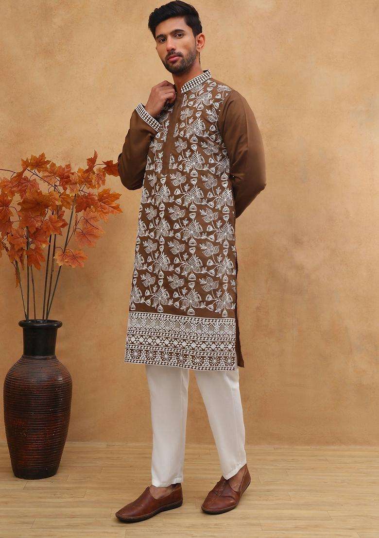 Brown Floral Print Silk Blend Kurta Pyjama Set For Men - Indya