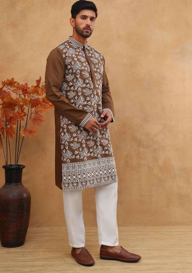 Brown Floral Print Silk Blend Kurta Pyjama Set For Men - Indya
