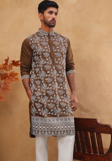 Brown Floral Print Silk Kurta Pyjama Set For Men