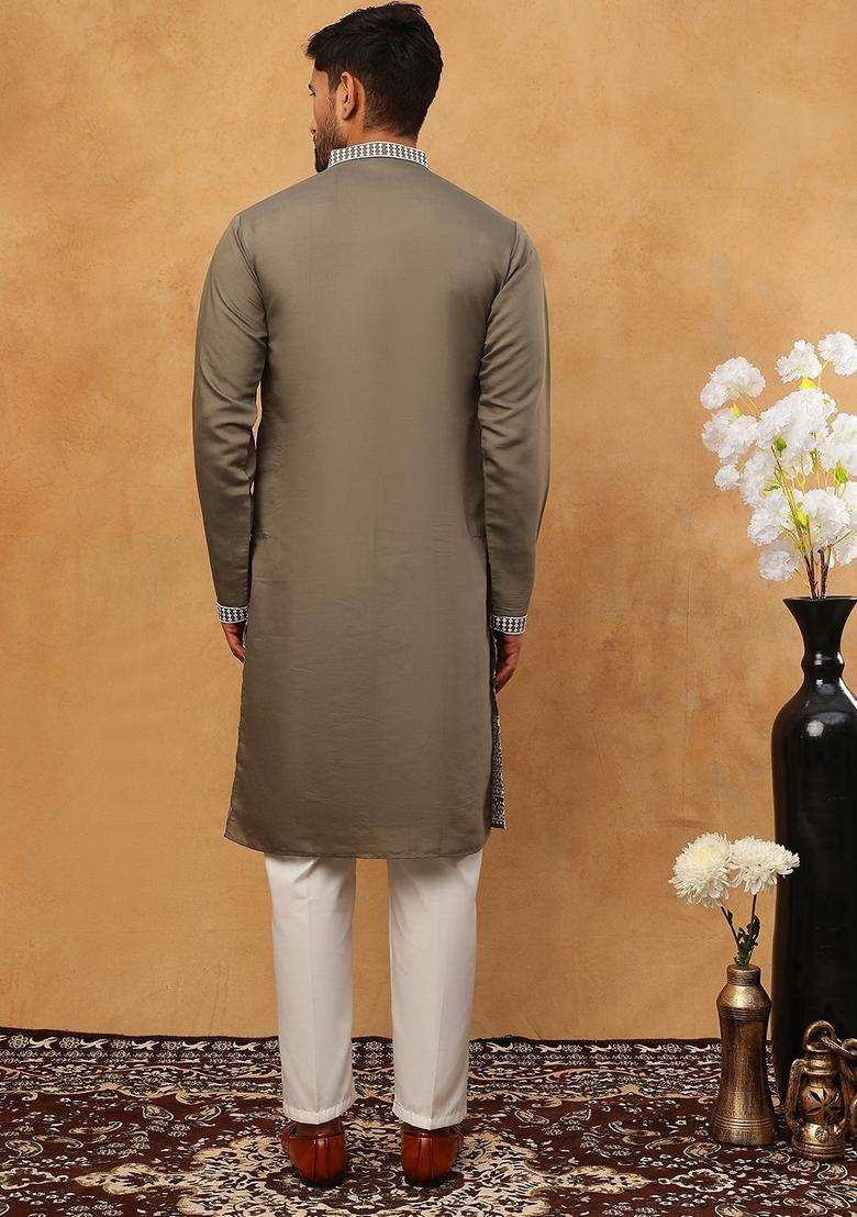 Grey Floral Print Silk Blend Kurta Pyjama Set For Men - Indya