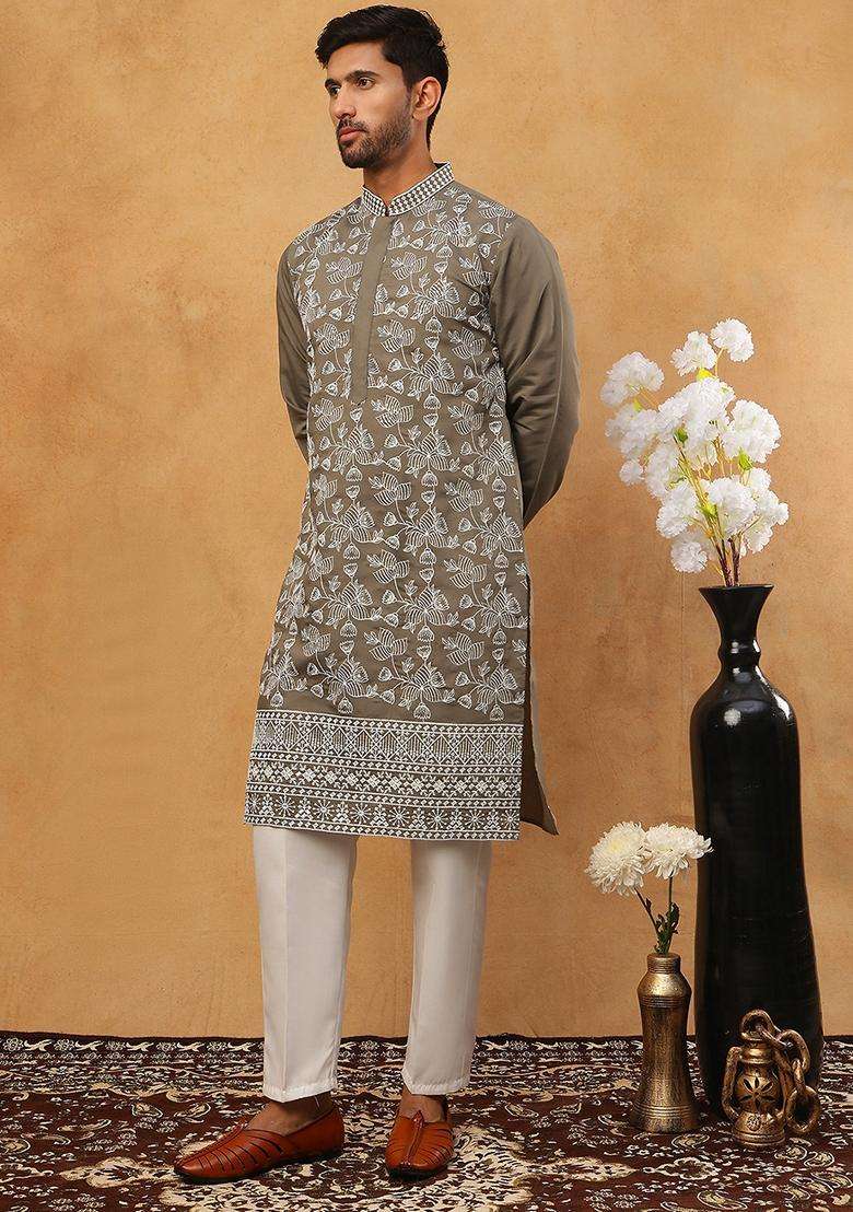 Grey Floral Print Silk Blend Kurta Pyjama Set For Men - Indya