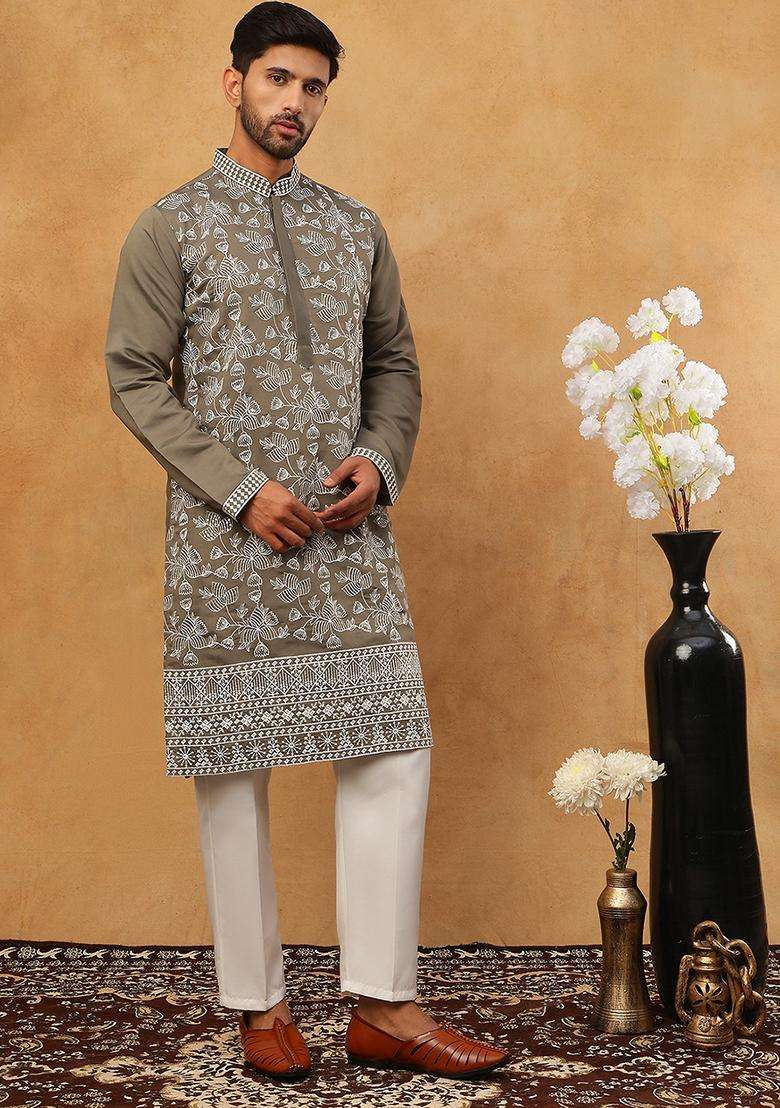 Grey Floral Print Silk Blend Kurta Pyjama Set For Men - Indya