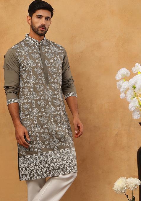 Grey Floral Print Silk Blend Kurta Pyjama Set For Men