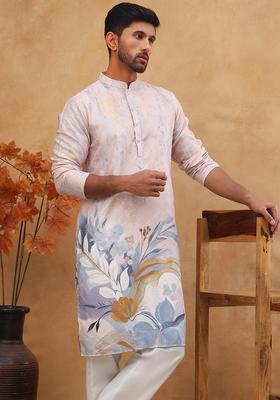 Peach Floral Print Cotton Kurta Pyjama Set For Men