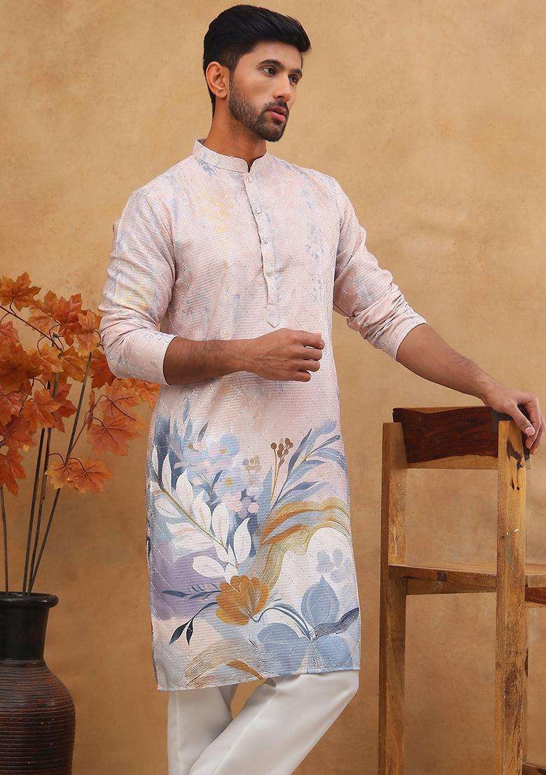 Peach Floral Print Cotton Kurta Pyjama Set For Men - Indya