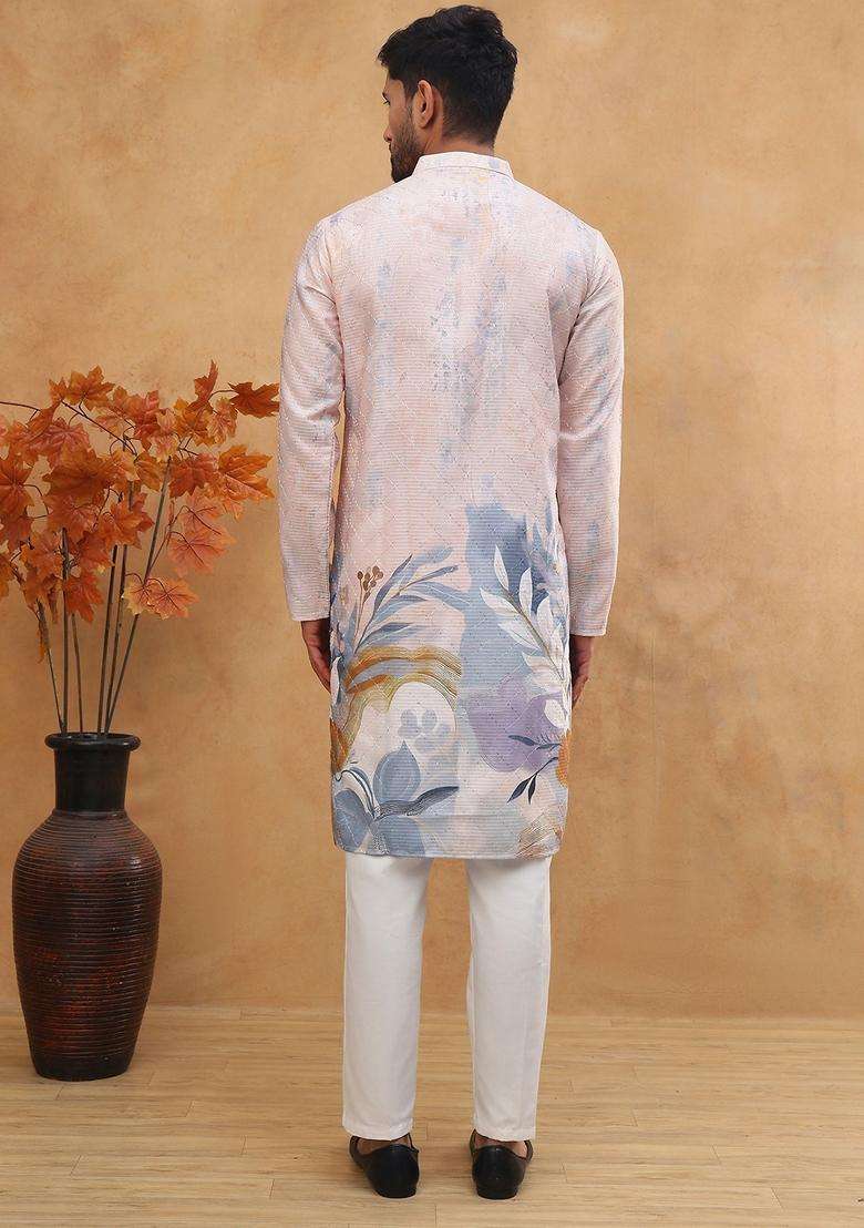 Peach Floral Print Cotton Kurta Pyjama Set For Men - Indya