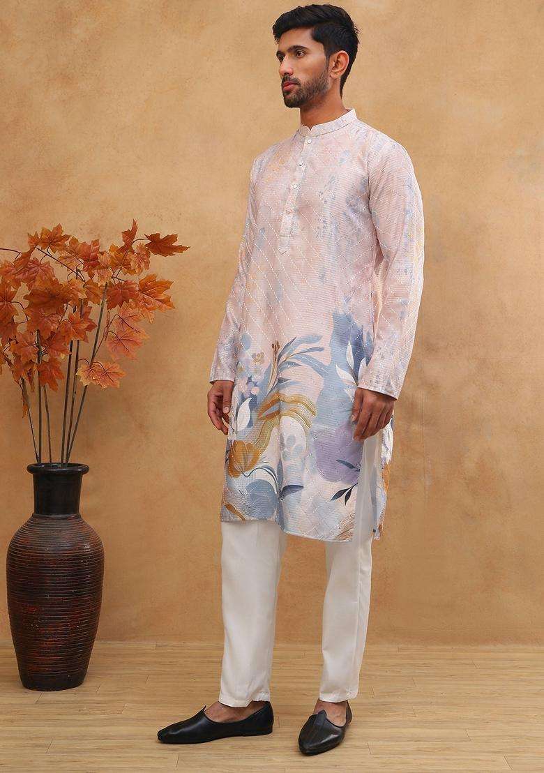 Peach Floral Print Cotton Kurta Pyjama Set For Men - Indya