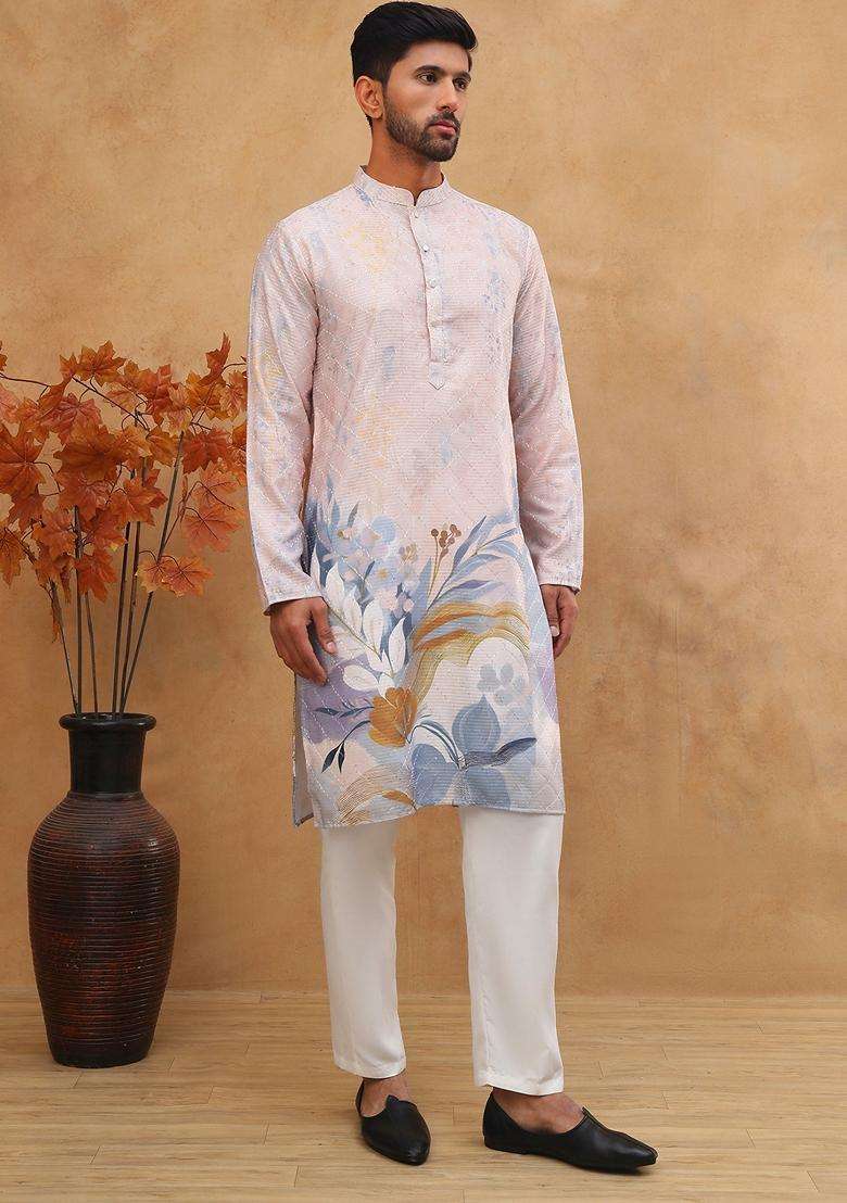 Peach Floral Print Cotton Kurta Pyjama Set For Men - Indya