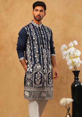Navy Blue Floral Print Silk Kurta Pyjama Set For Men