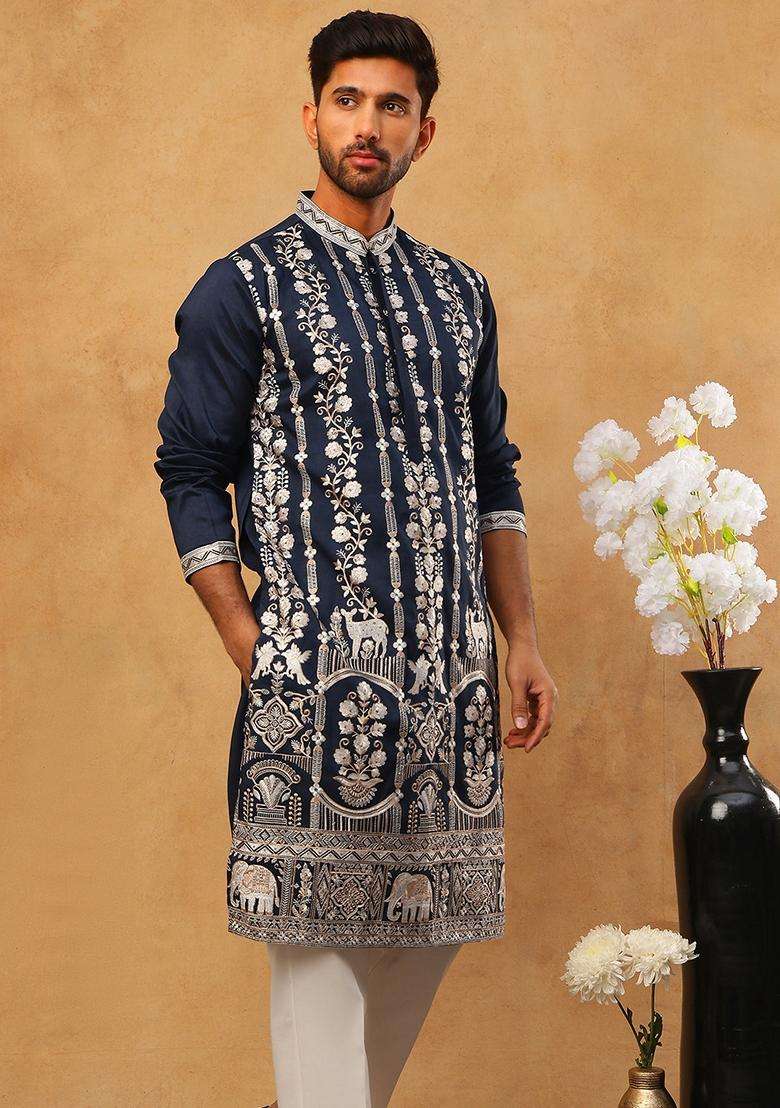 Navy Blue Floral Print Silk Blend Kurta Pyjama Set For Men - Indya