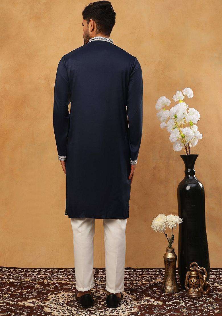 Navy Blue Floral Print Silk Blend Kurta Pyjama Set For Men - Indya