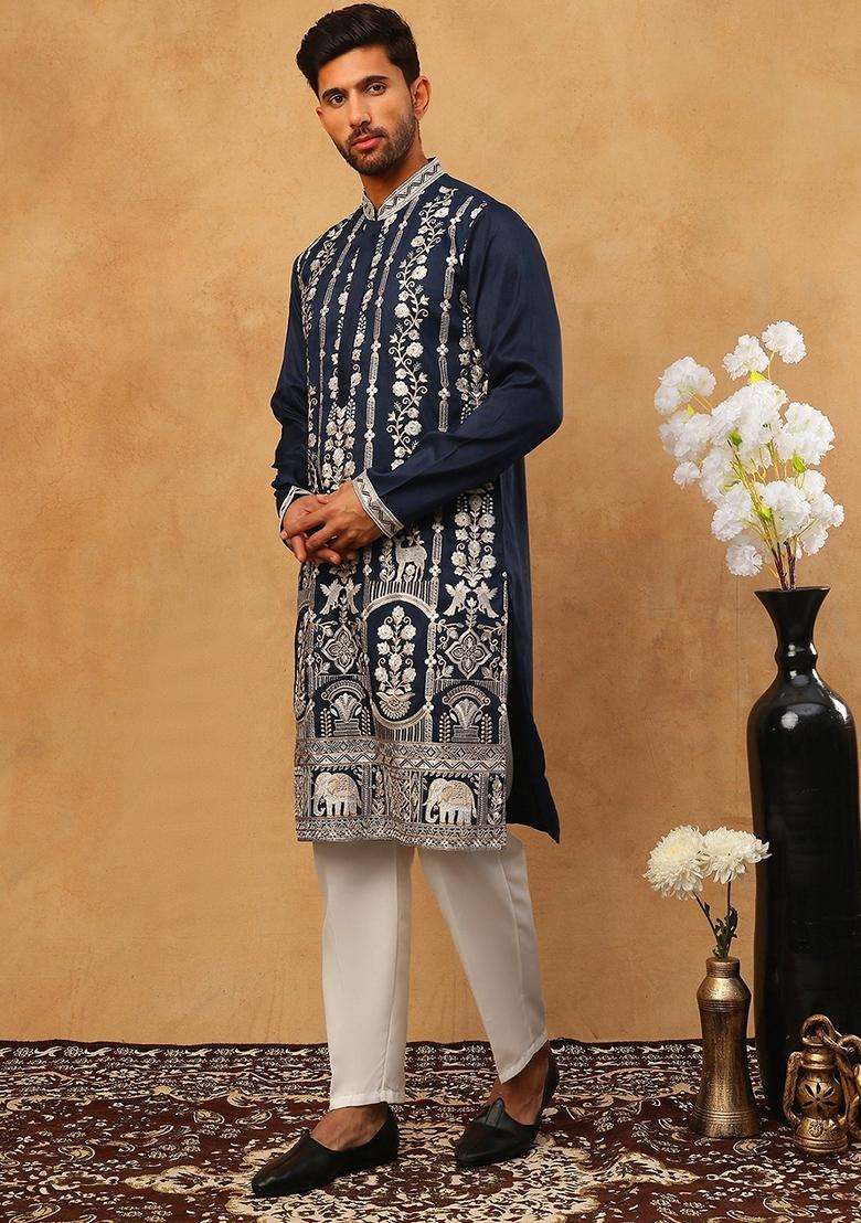 Navy Blue Floral Print Silk Blend Kurta Pyjama Set For Men - Indya