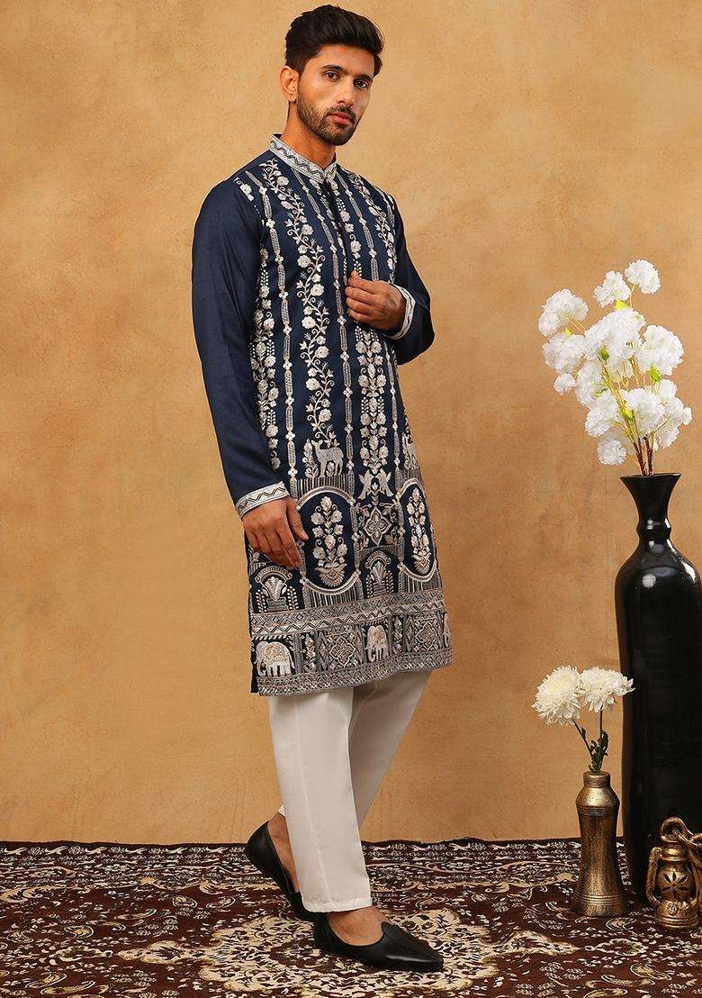 Navy Blue Floral Print Silk Blend Kurta Pyjama Set For Men - Indya
