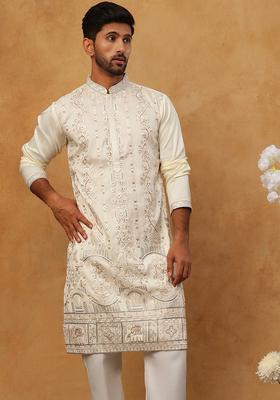 White Floral Print Silk Kurta Pyjama Set For Men