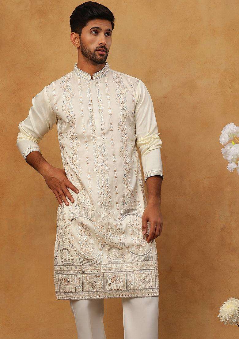 White Floral Print Silk Blend Kurta Pyjama Set For Men - Indya