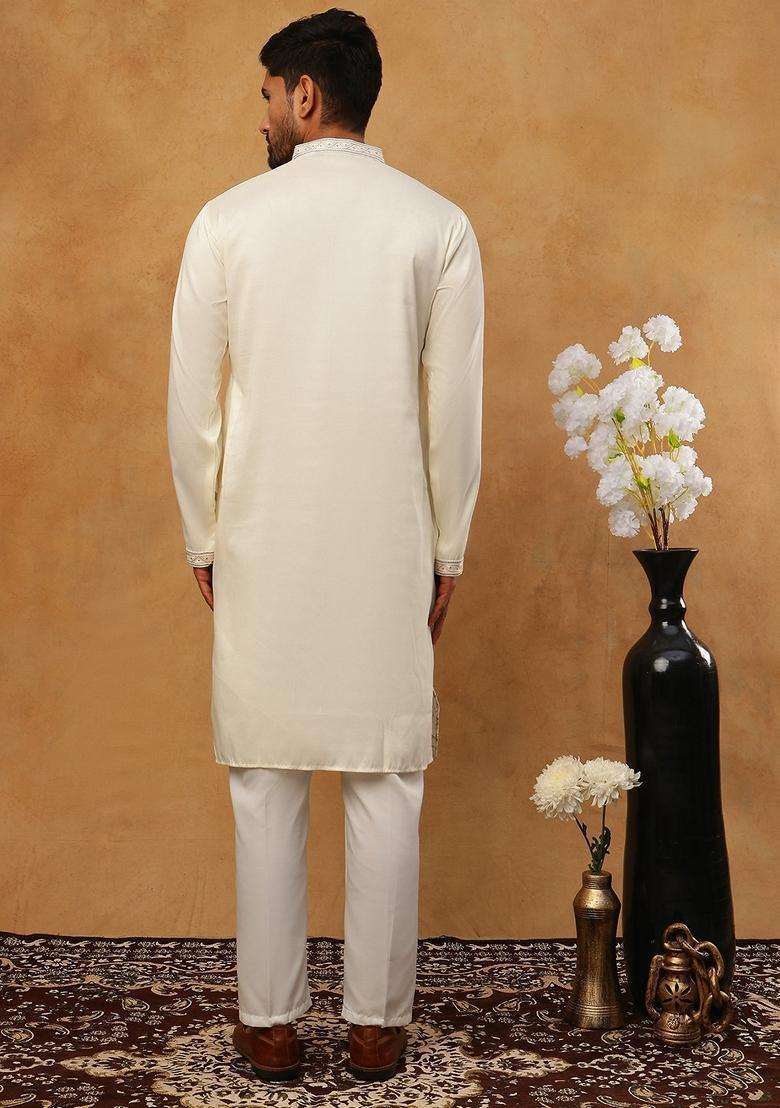 White Floral Print Silk Blend Kurta Pyjama Set For Men - Indya