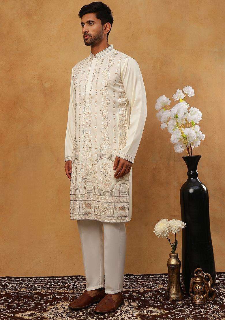 White Floral Print Silk Blend Kurta Pyjama Set For Men - Indya