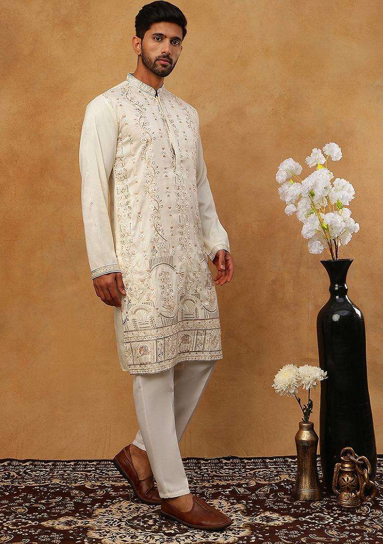 White Floral Print Silk Blend Kurta Pyjama Set For Men - Indya
