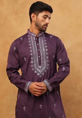 Purple Floral Print Silk Kurta Pyjama Set For Men