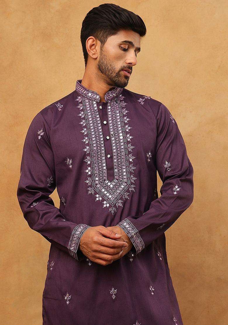 Purple Floral Print Silk Blend Kurta Pyjama Set For Men - Indya