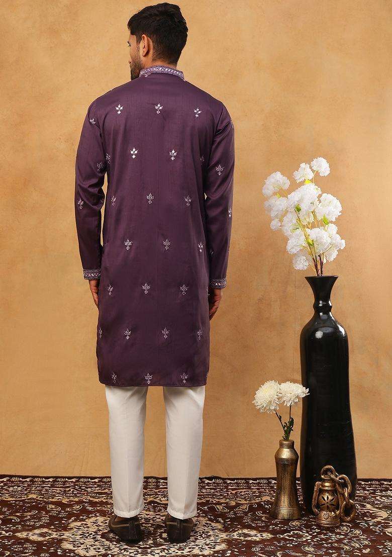 Purple Floral Print Silk Blend Kurta Pyjama Set For Men - Indya