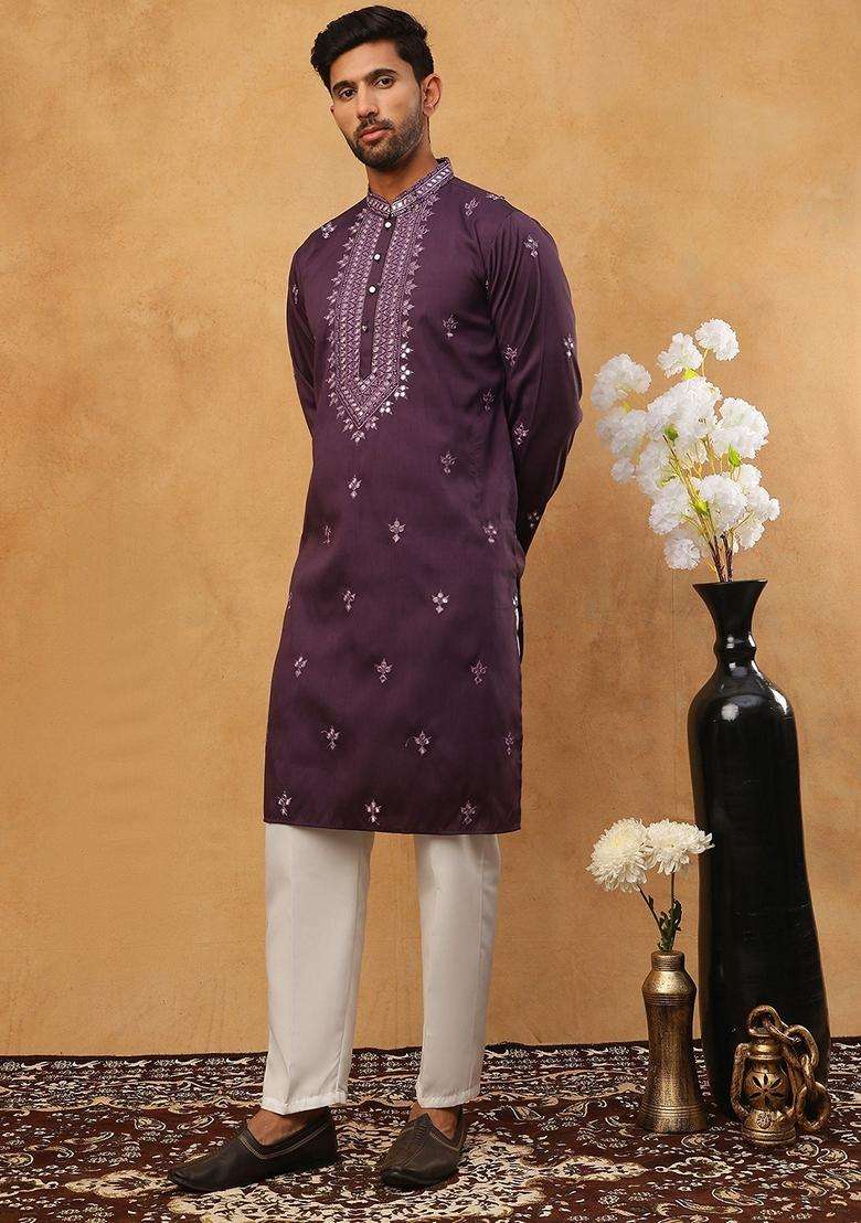 Purple Floral Print Silk Blend Kurta Pyjama Set For Men - Indya