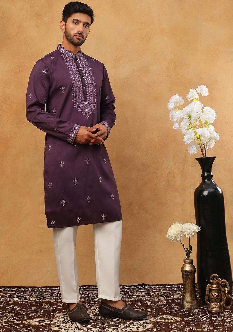 Purple Floral Print Silk Blend Kurta Pyjama Set For Men - Indya