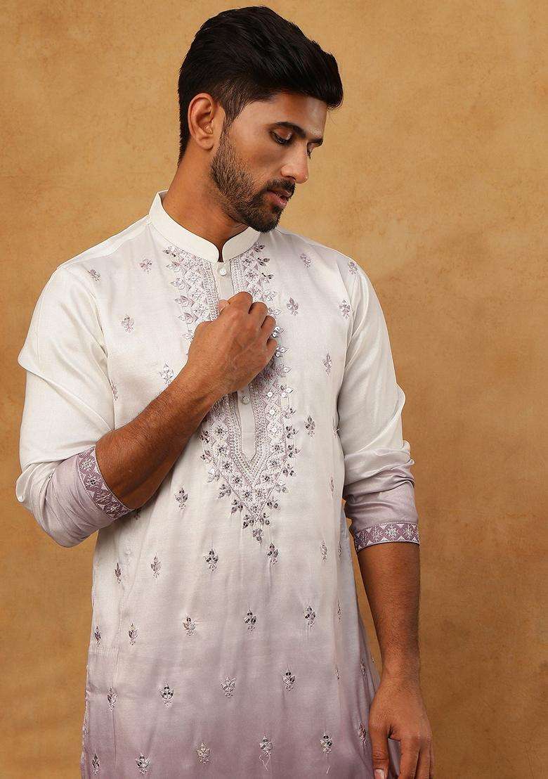 White Floral Print Silk Blend Kurta Pyjama Set For Men - Indya
