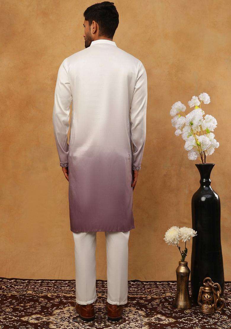 White Floral Print Silk Blend Kurta Pyjama Set For Men - Indya