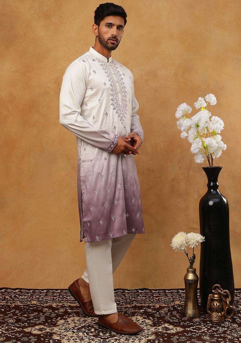 White Floral Print Silk Blend Kurta Pyjama Set For Men - Indya